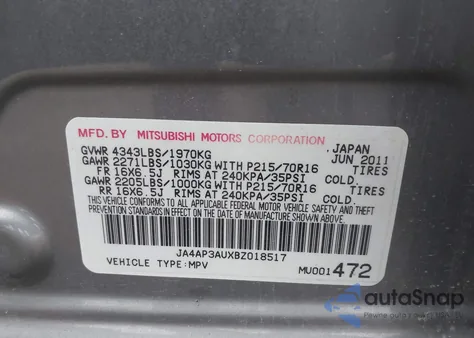 2011 Mitsubishi Outlander Sport Es из США, поврежденный, VIN JA4AP3AUXBZ018517